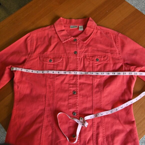Chico's Y2K 90s Retro Biker Front Button Classic Fit Red Denim Jean Jacket Sz 3 - Picture 15 of 16